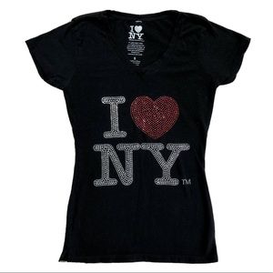 I Love New York Embellished Fitted V-Neck Shirt S